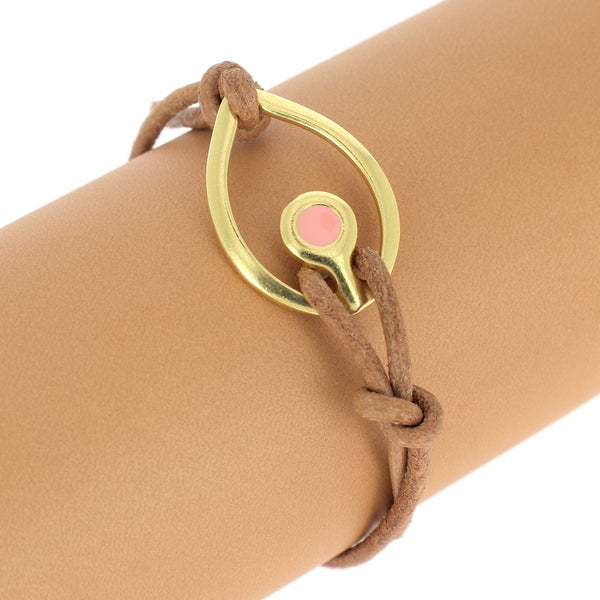 Bracelet en cuir - Lacet rond 2 mm - Fermoir fantaisie en forme d'oeil doré luxe et rose