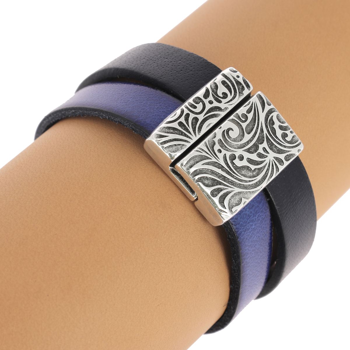 Fermoir bijou aimanté - FLORAL - Lacet plat 20mm - ARGENT VIEILLI