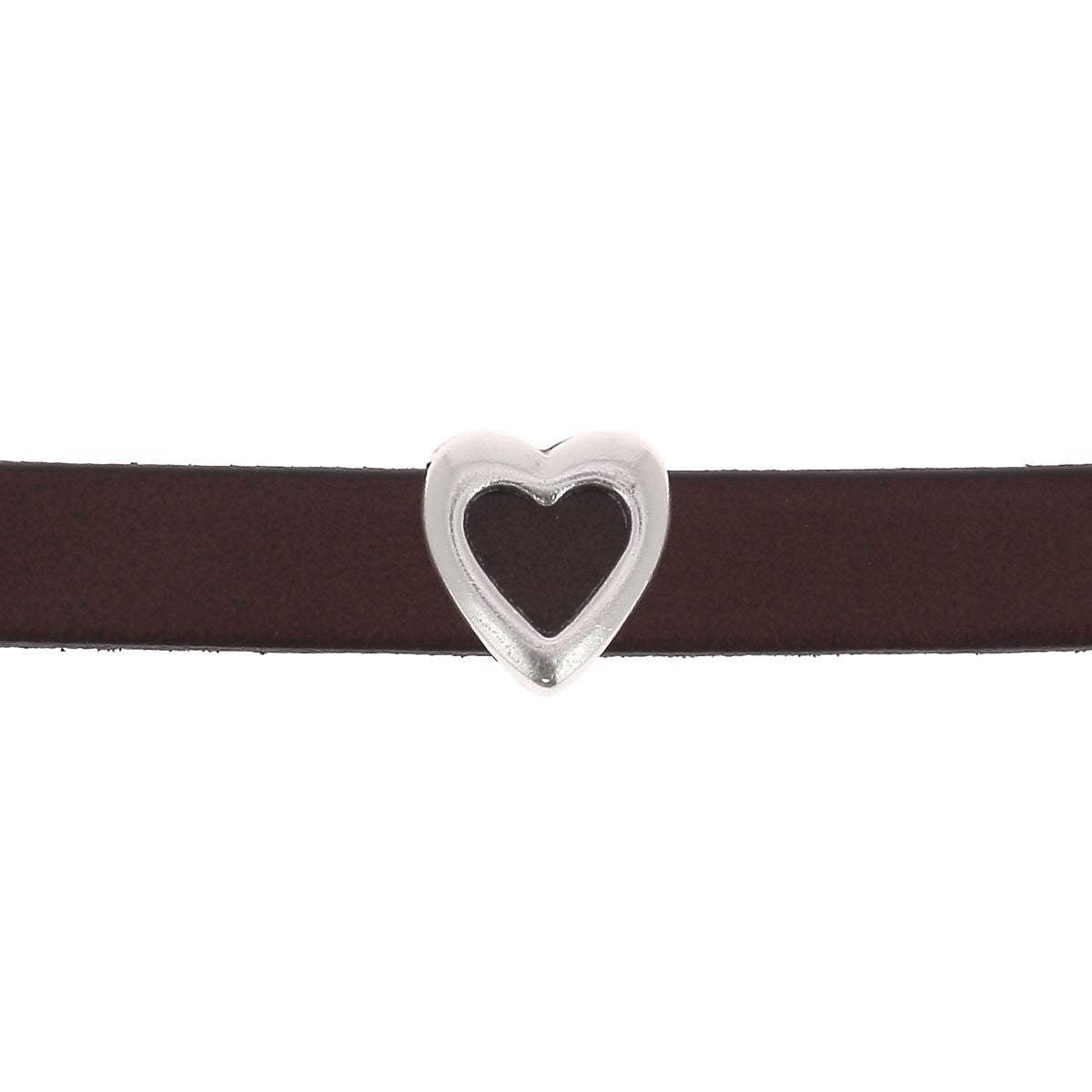 Perle passant coeur pour bracelet en cuir de 10 mm de large