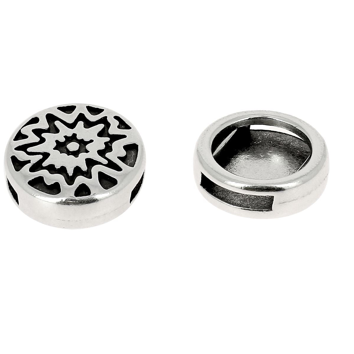 Perle coulissante ronde motifs géométriques pour bracelet en cuir de 10 mm de large