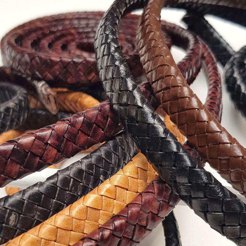 Braided flat pigmented leather lace - 12x6mm