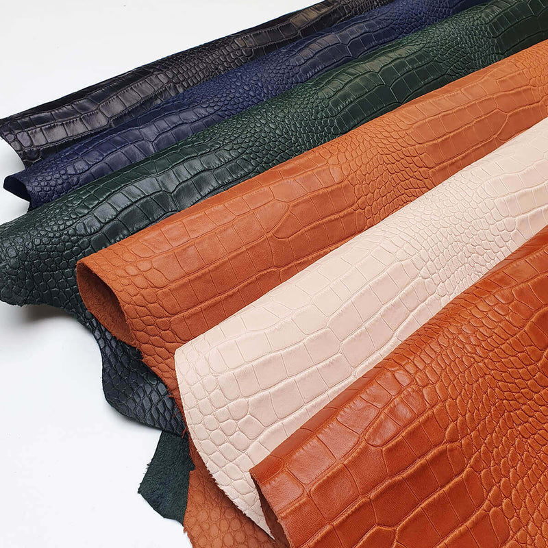 Whole skin of FRANCE sheepskin leather imitation Crocodile - ANILINE - COGNAC BAF15