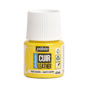 Peinture pour cuir acrylique Pébéo Setacolor, 45ml, finition mate ou satinée, couleur jaune vif, bouteille avec étiquette.