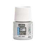 Peinture acrylique pour cuir Pébéo Setacolor, couleur métal argent, 45ml, bouteille avec étiquette visible.