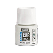 Peinture acrylique pour cuir Pébéo Setacolor, 45ml, finition iridescente pailletée, bouteille avec pinceau, aspect brillant et coloré.
