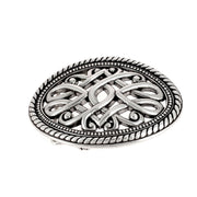 Boucle de ceinturon celtique IXA en argent vieilli, 40mm, en bouclerie avec motif celtique détaillé.