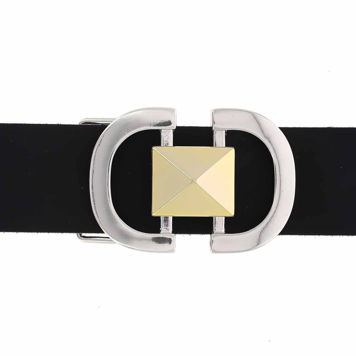 Boucle de ceinturon demi-ronds et pyramide - TIA - NICKELÉ ET DORÉ CLAIR - 40mm - Deco Cuir