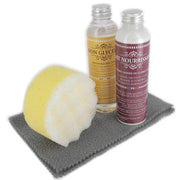Coffret d'entretien pour cuir d'ameublement et sellerie Trimadel, petit modèle avec flacon, éponge et chiffon pour nettoyage et soin