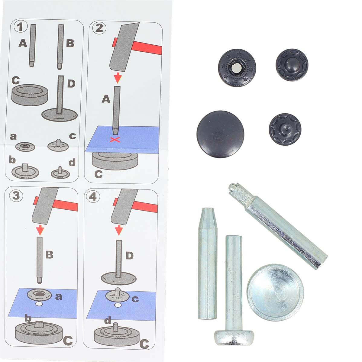 Weddecor Lot de 100 boutons-pression à ressort en S de 12 mm avec kit d'outils de fixation pour maroquinerie, couture, loisirs créatifs, vêtements et réparation, gris acier Weddecor Lot de 100 boutons-pression à ressort en S de 12 mm avec kit d'outils de fixation pour maroquinerie, couture, loisirs créatifs, vêtements et réparation, gris acier