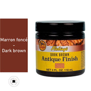 Patine pour cuir Fiebing's Antique finish 118ml, teinture marron foncé, appliquée sur une surface en cuir avec un fini antique.