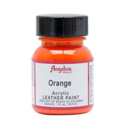 Peinture en acrylique pour cuir Angelus, teinte orange standard 024, visible en pot avec texture colorée.