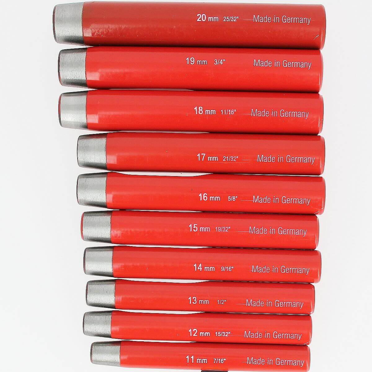 Lot de 10 emporte-pièces à frapper ROND manche DROIT - diam de 11 à 20 mm - Deco Cuir