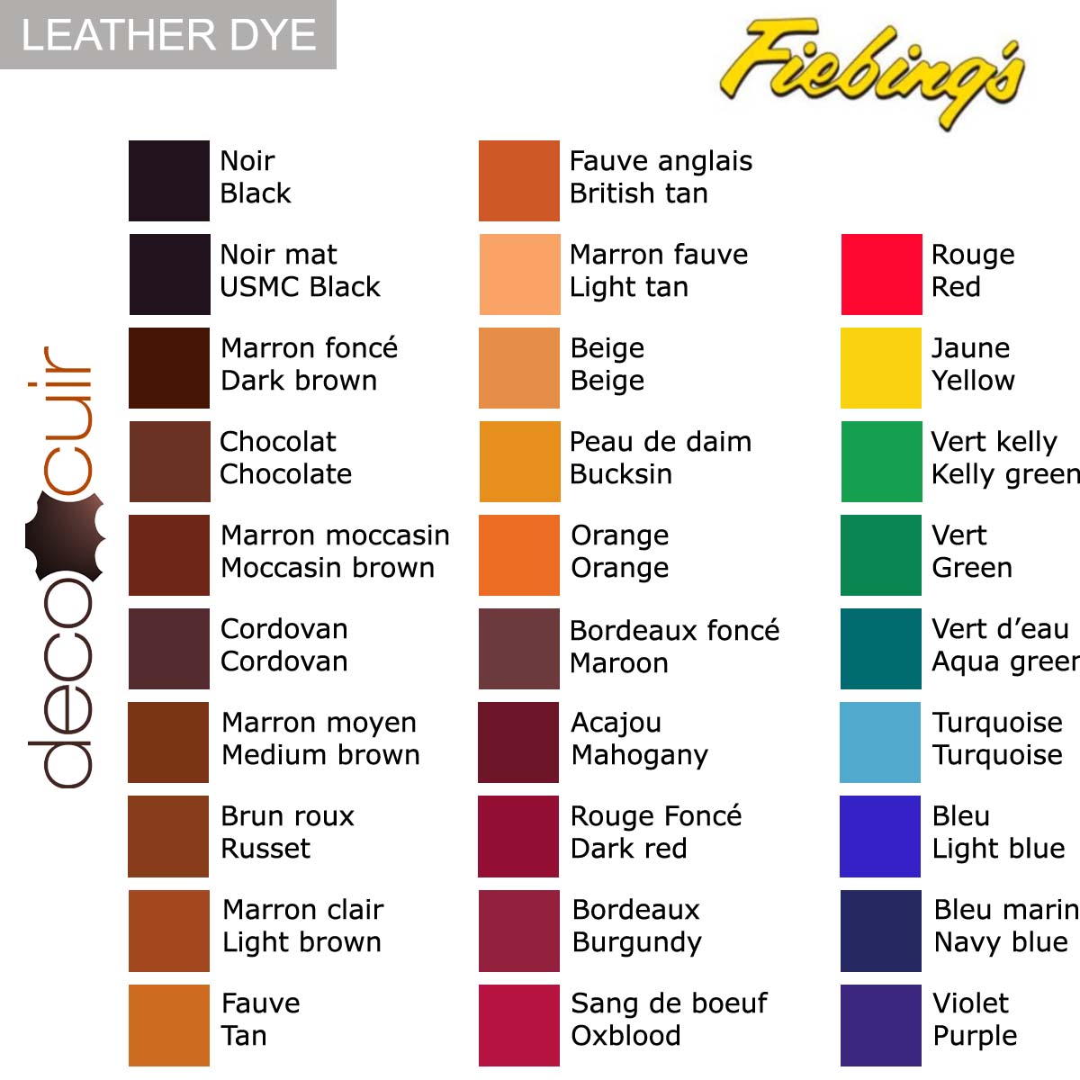 Nuancier teinture cuir Leather Dye Fiebing's