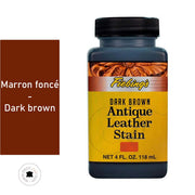 Teinture Fiebing's Antique Leather Stain 118ml, couleur marron foncé, appliquée sur cuir pour un fini antique élégant.
